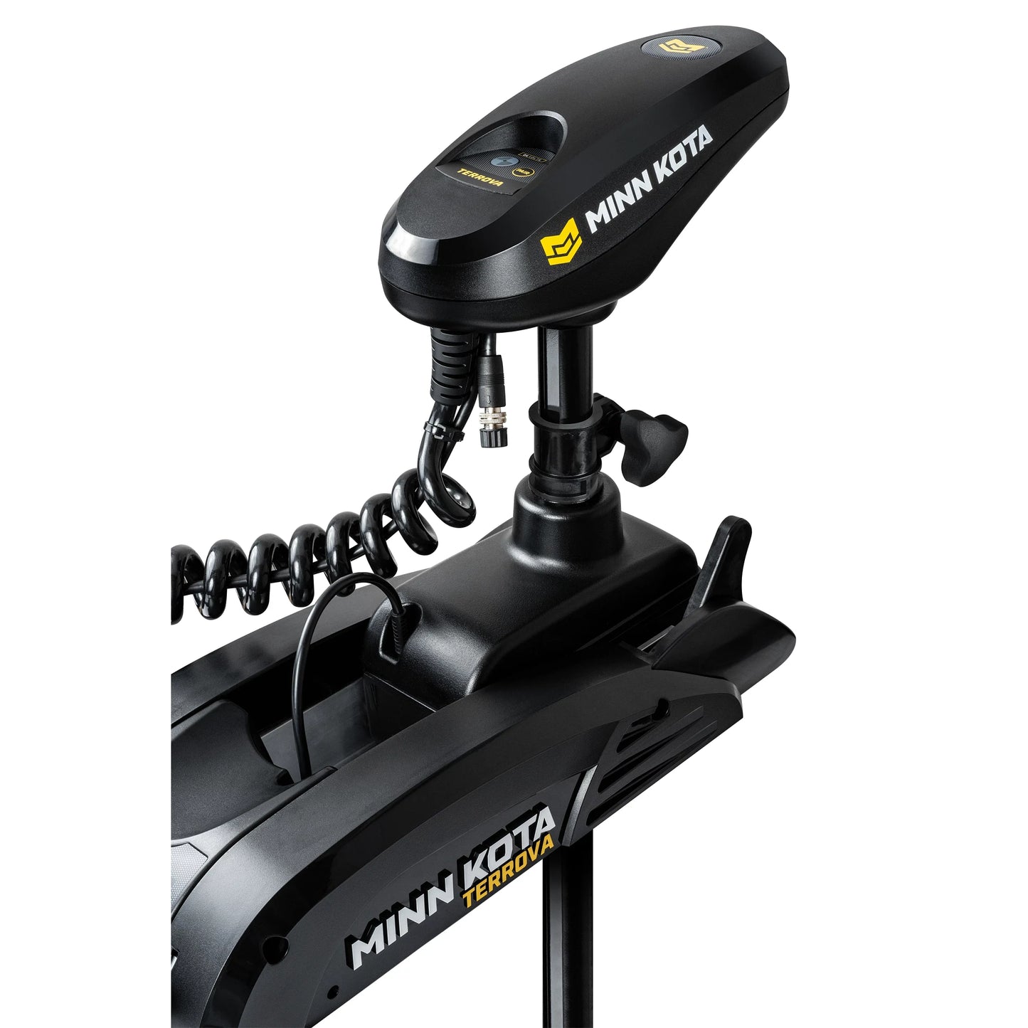 Minn Kota trolling motor on a white background head unit right side view