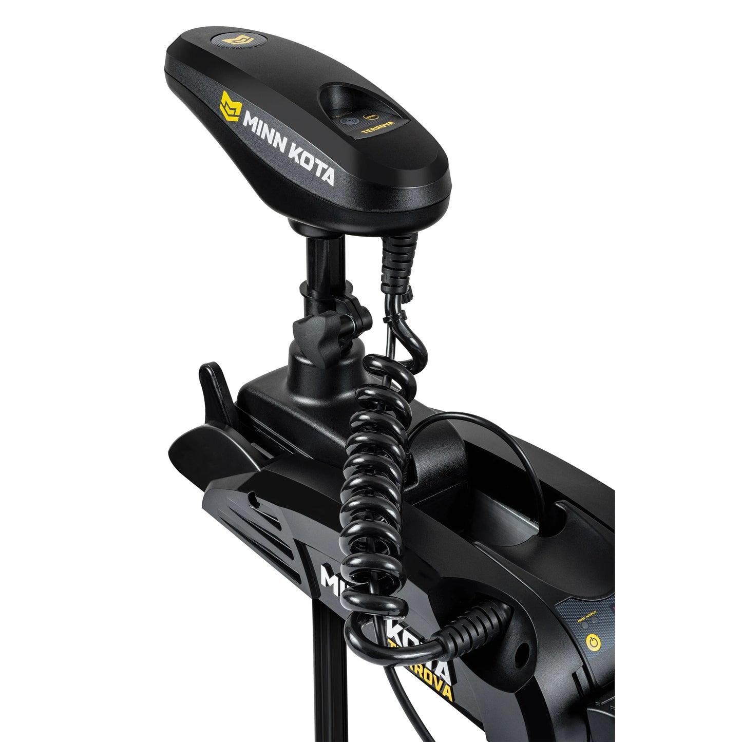 Minn Kota trolling motor on a white background head unit and wiring