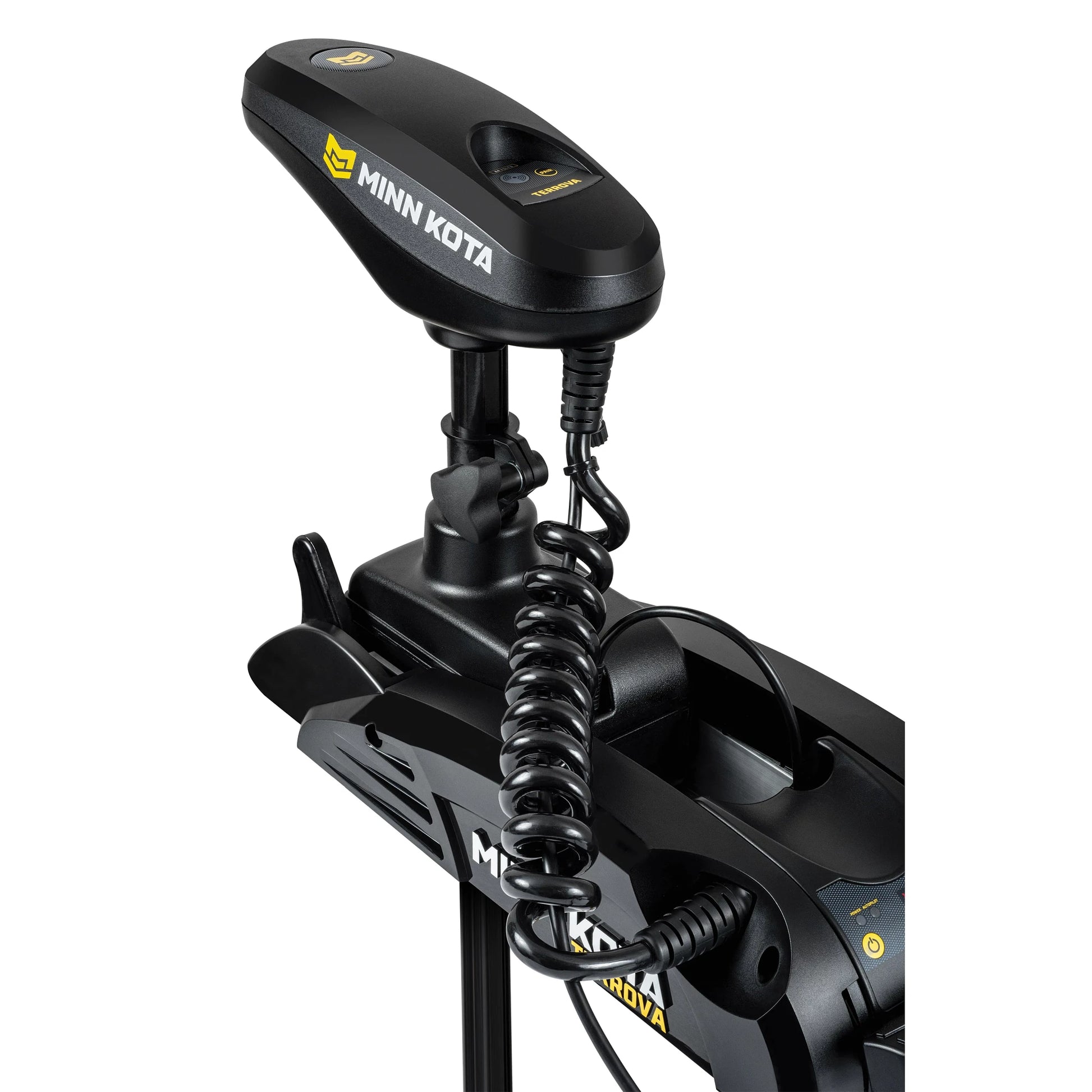 Minn Kota trolling motor on a white background head unit and wiring