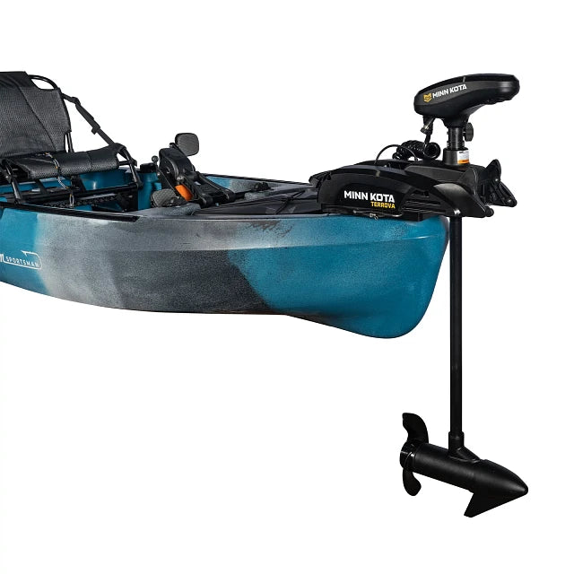 Blue kayak with Minn Kota trolling motor on a white background mounted on the bow of a kayak
