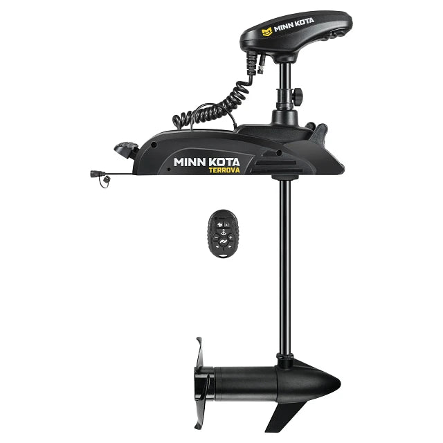 Minn Kota Terrova kayak trolling motor on a white background with remote