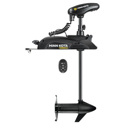 Minn Kota Terrova kayak trolling motor on a white background with remote